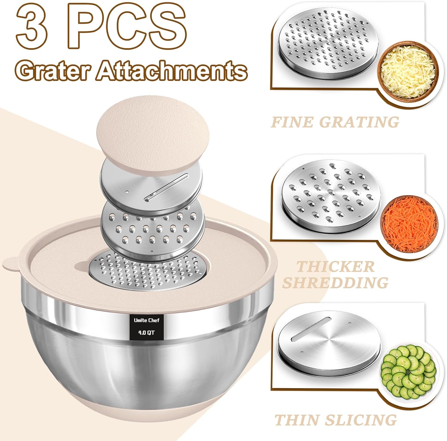 Umite Chef Mixing Bowls with Airtight Lids Set  8PCS Stainless Steel Khaki Nesting Bowls with Grater Attachments  Kitchen Bowls with Non-Slip Bottoms  Size 5  4  3.5  2  1.5QT for Mixing & Serving