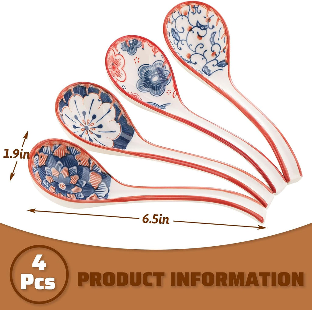 WHJY Asian Soup Spoon  Ceramic Ramen Spoon  Ramen Soup Spoon  Chinese Ceramic Spoons  Miso Soup Spoons Dumpling - Set of 4 Flora