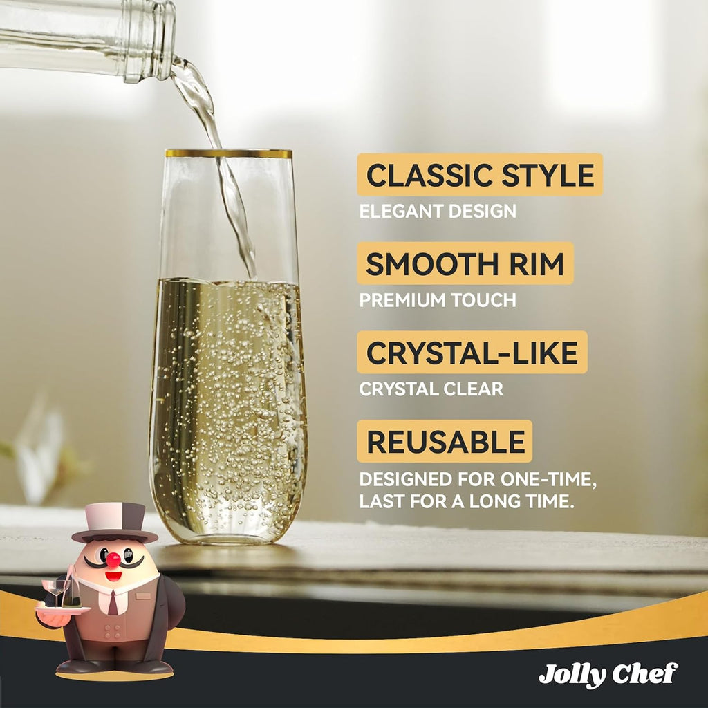 JOLLY CHEF 48 Pack Plastic Champagne Flutes  9 oz Gold Stemless Champagne Flutes  Plastic Champagne Glasses  Shatterproof Recyclable Mimosa Glasses for Party  Wedding  Christmas  Birthday