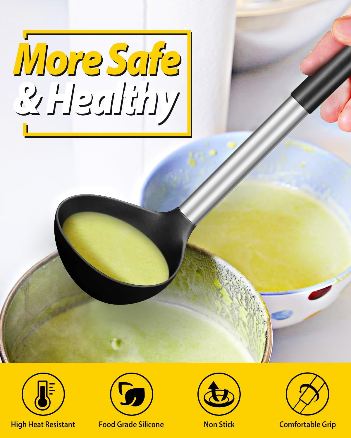 Pack of 2 Ladle Spoon Silicone Large Spoon for Soup Non Stick Kitchen Utensils with High Heat Resistant BPA Free Perfect Kitchen Tools for Cooking  Stirring Serving Soups (BLACK-KHAKI)