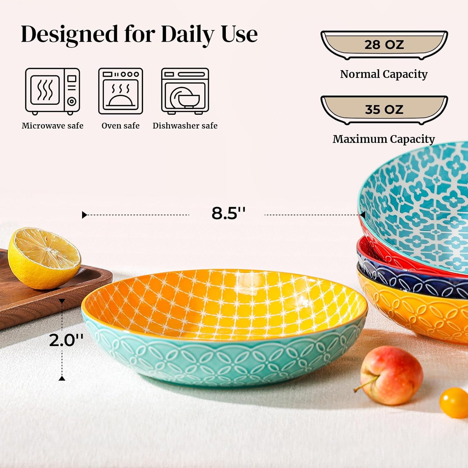 DOWAN 8.5" Vibrant Pasta  Salad & Soup Serving Bowls Set of 4  Embossed Large Porcelain Ceramic  Microwave  Oven & Dishwasher Safe  Bonita Design Perfect for Daily Dining  Family Gatherings  Party