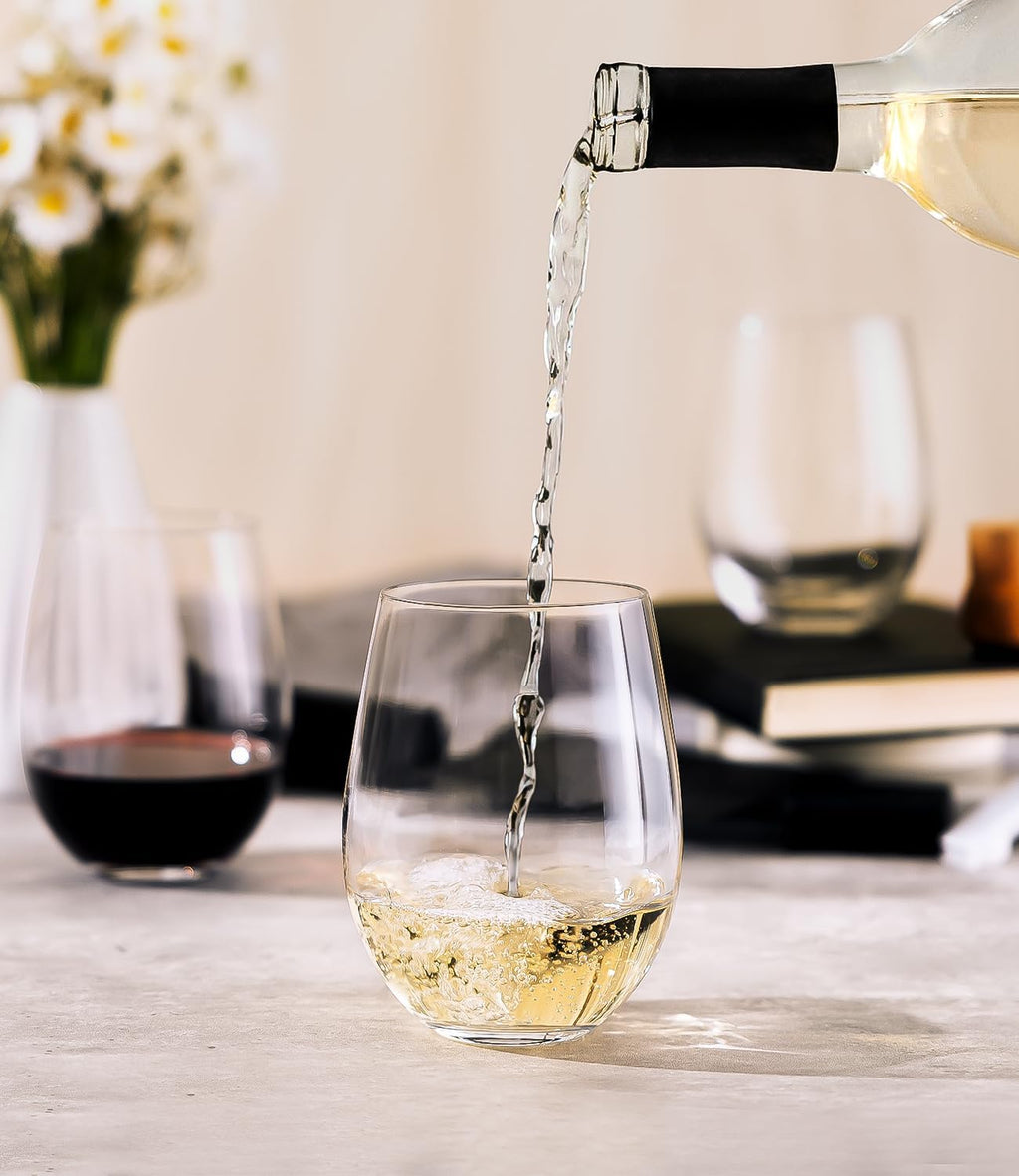 LUNA & MANTHA Stemless Wine Glasses Set of 4  18oz Crystal Red White Wine Glasses for Daily Use  Hosting  Home Bar  Evening Party  Birthdays  Shower  Housewarming Gift  Clear