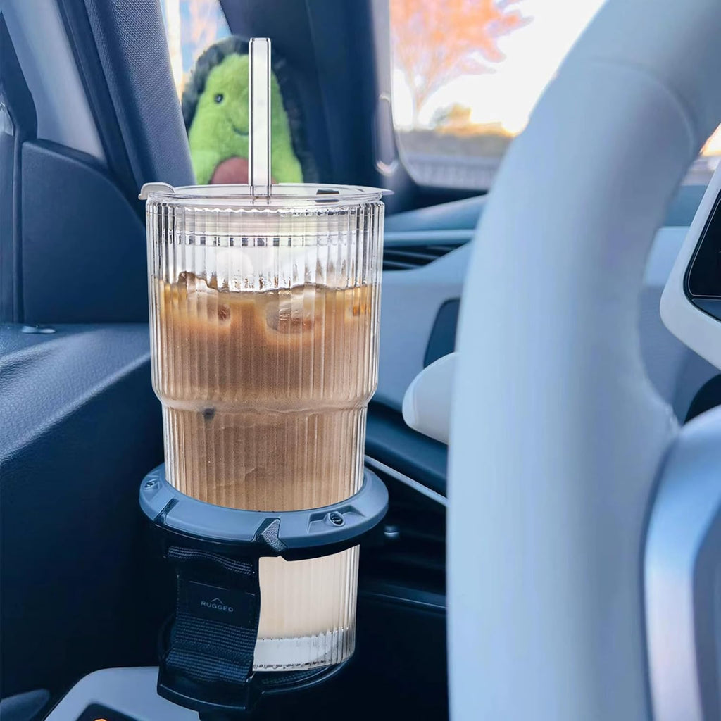 INSETLAN 20 oz Ribbed Glass Tumblers with Lids and Glass Straws – 4-Piece Glassware Set  Thickened Wall  Ideal for Iced Coffee  Smoothies  Cocktails  and Juices – Elegant and Durable Drinkware