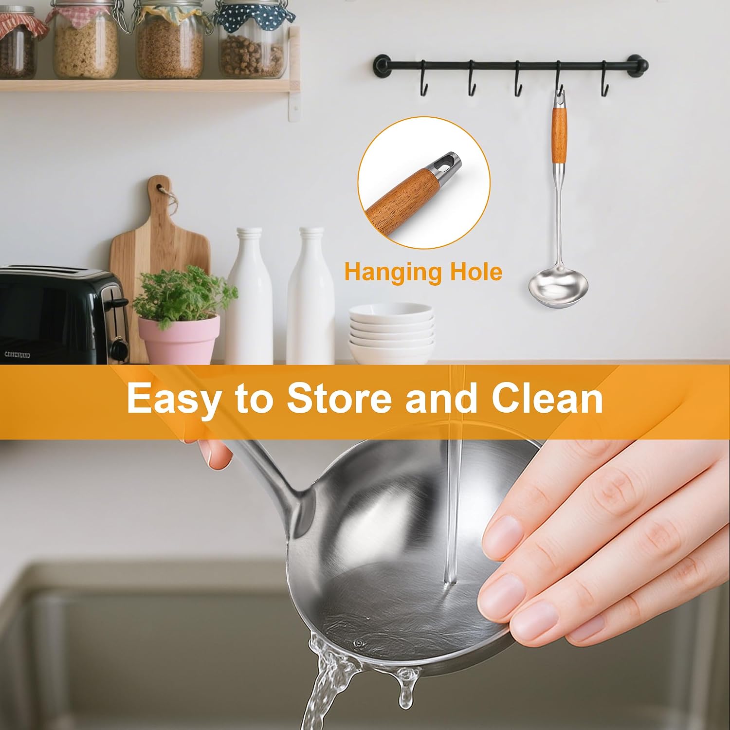 FJNATINH Soup Ladle  Stainless Steel Ladle with Heat Resistant Wooden Handle  Food Grade Metal Cooking Soup Spoon Kitchen Tools  Easy to Clean