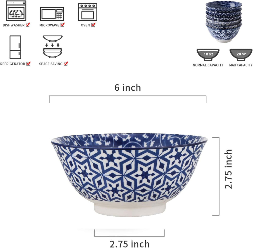 Selamica Blue and White Porcelain 20oz Cereal Bowl Set - Set of 6  6 inch Soup Bowls  Ceramic bowls for Cereal  Soup  Salad and Pasta  Vintage Blue
