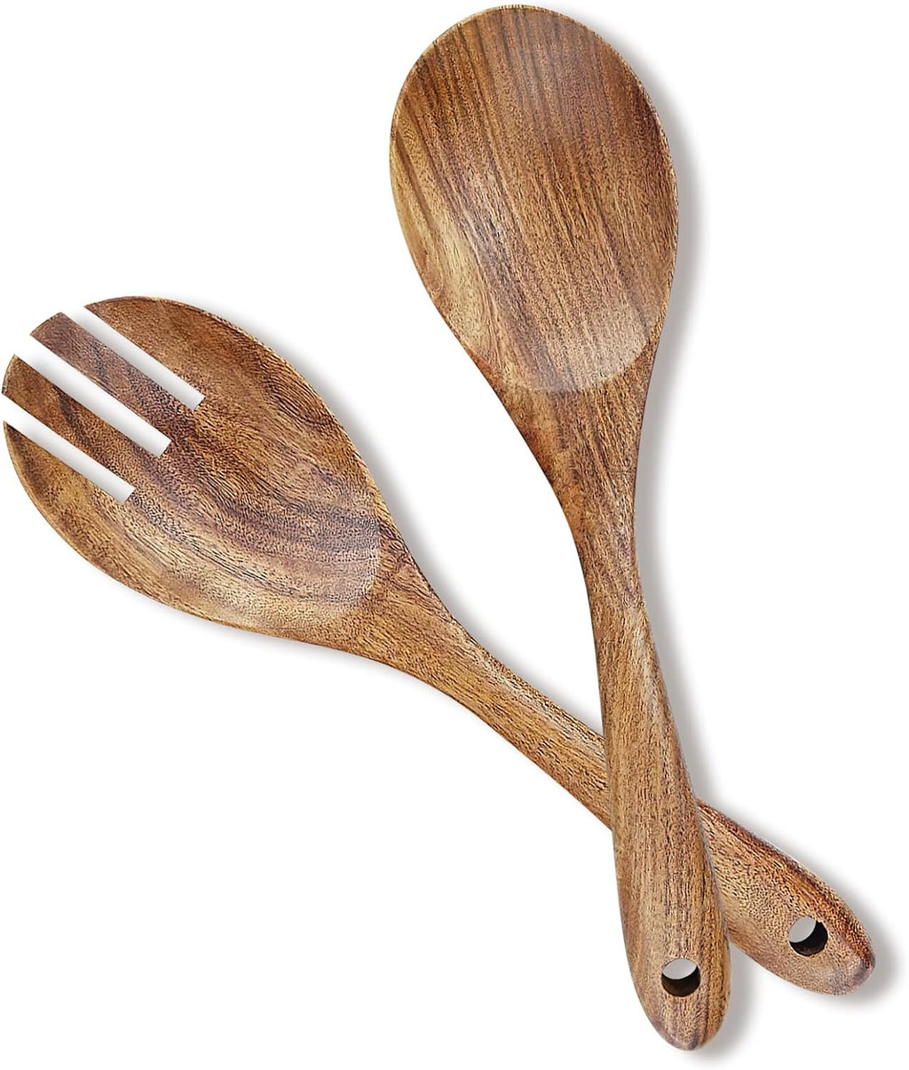 Wooden Salad Servers  10.2" Acacia Wood Salad Fork & Spoon for Serving  Olive Wood Salad Serving Utensils Set of 2  Teak Salad Tongs for Kitchen