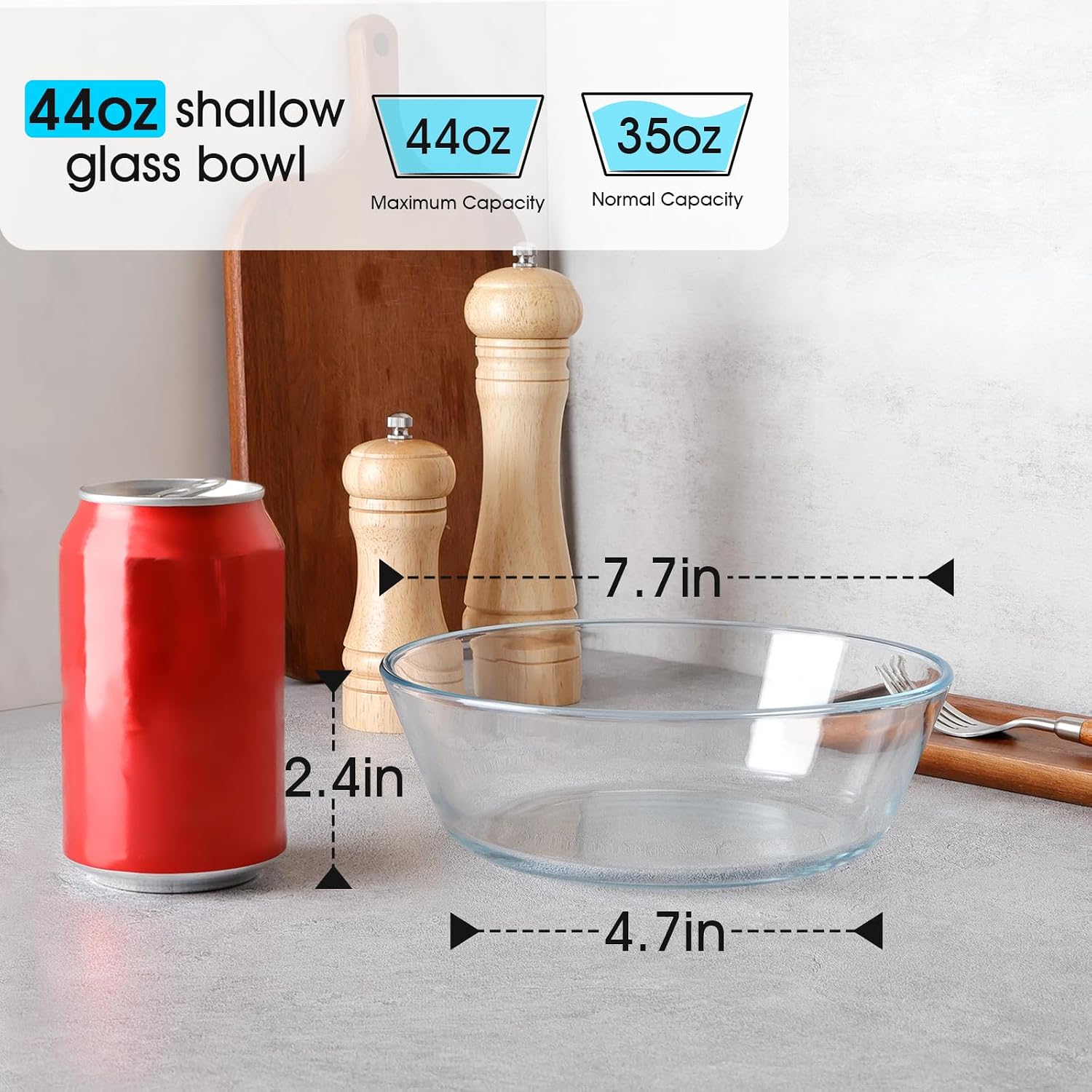 NUTRIUPS 44oz Flat Bottom Tempered Glass Bowl  8in Clear Glass Bowl for Kitchen  Small Glass Salad Bowls  Microwave and Oven Safe