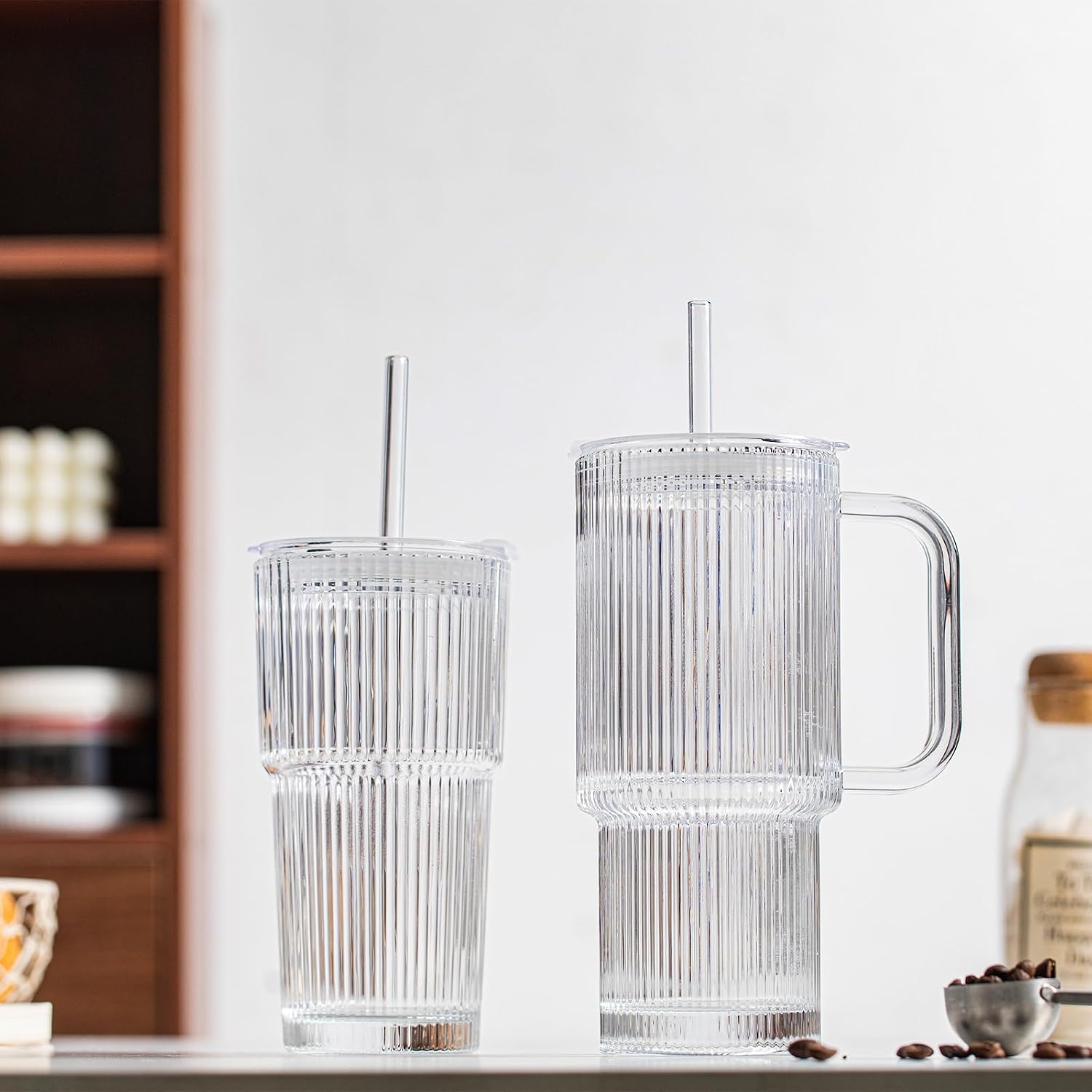INSETLAN 26oz Ribbed Glass Tumbler with Handle & Lid – 2-Pack Large Iced Coffee Cups with Straws  Modern Glass Mug for Cold & Hot Beverages  Aesthetic Travel Cup for Smoothies  Tea  and Juice