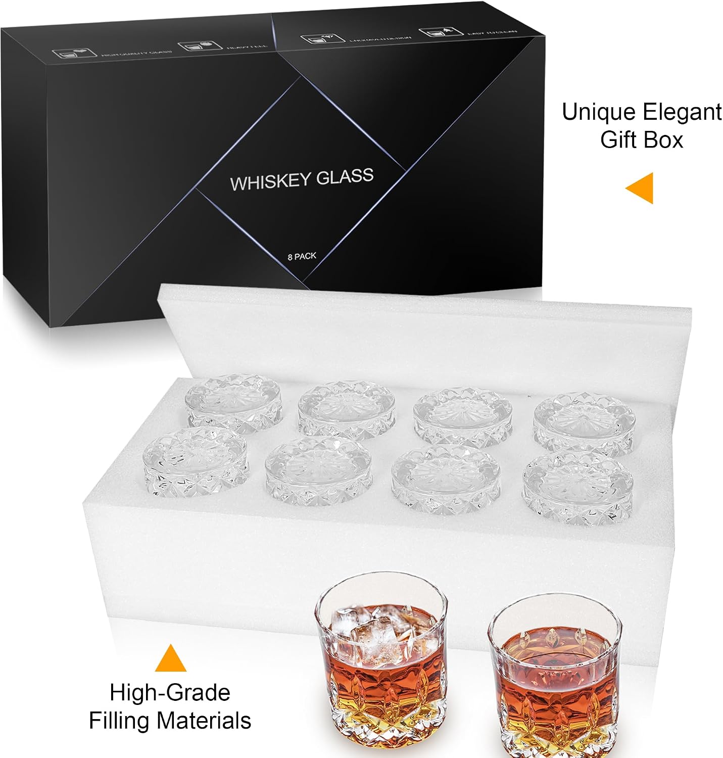 Whiskey Glasses Set of 8  11 oz Crystal Old Fashioned Glasses  Buy 6 Get 2 Free  Perfect for Bourbon  Scotch  Vodka  Gift for Men  Women  Dad  Father