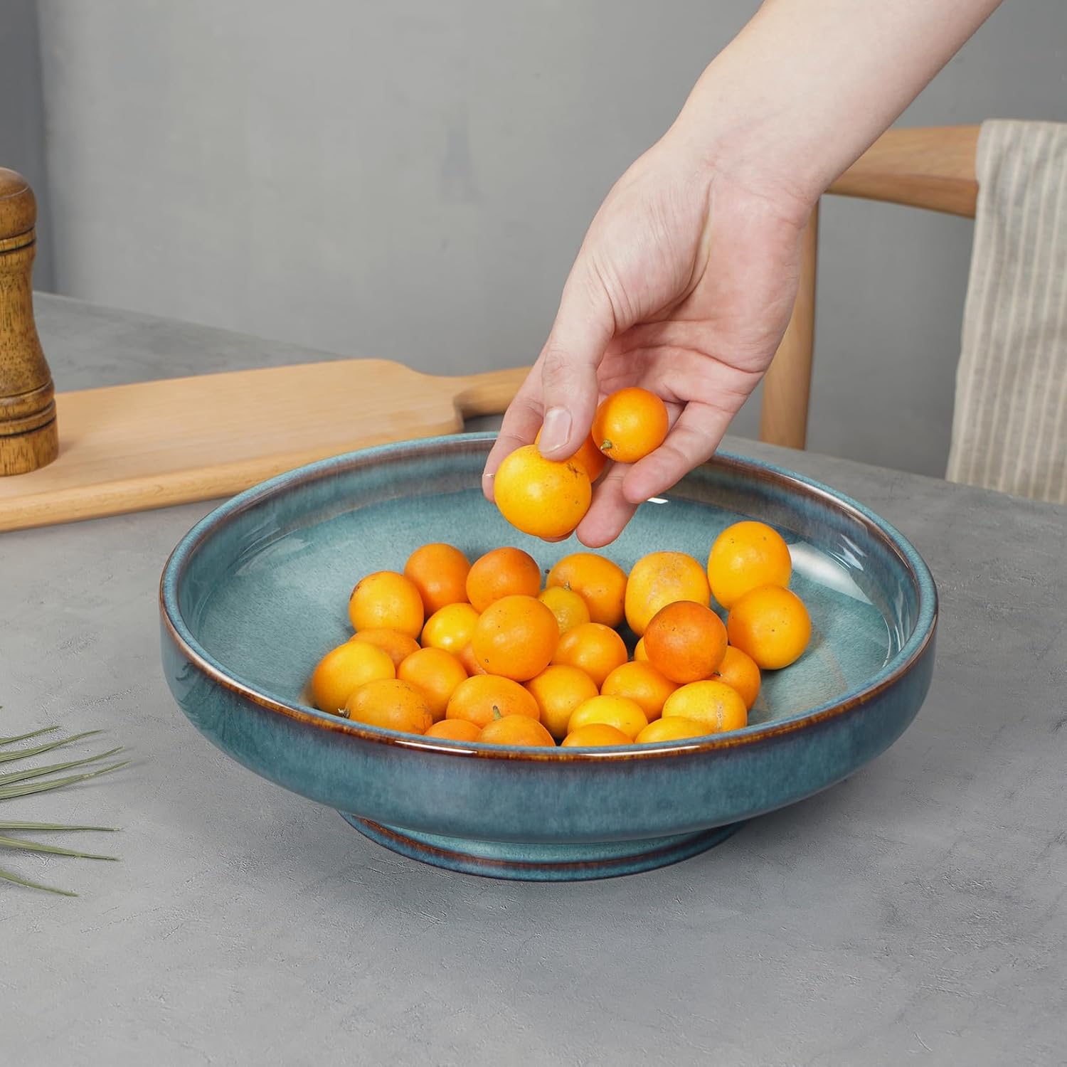 Ceramic Fruit Bowl for Kitchen Counter Decorative Pedestal Bowl for Table Countertop Large Footed Serving Bowl 10.2 Inch (Blue)