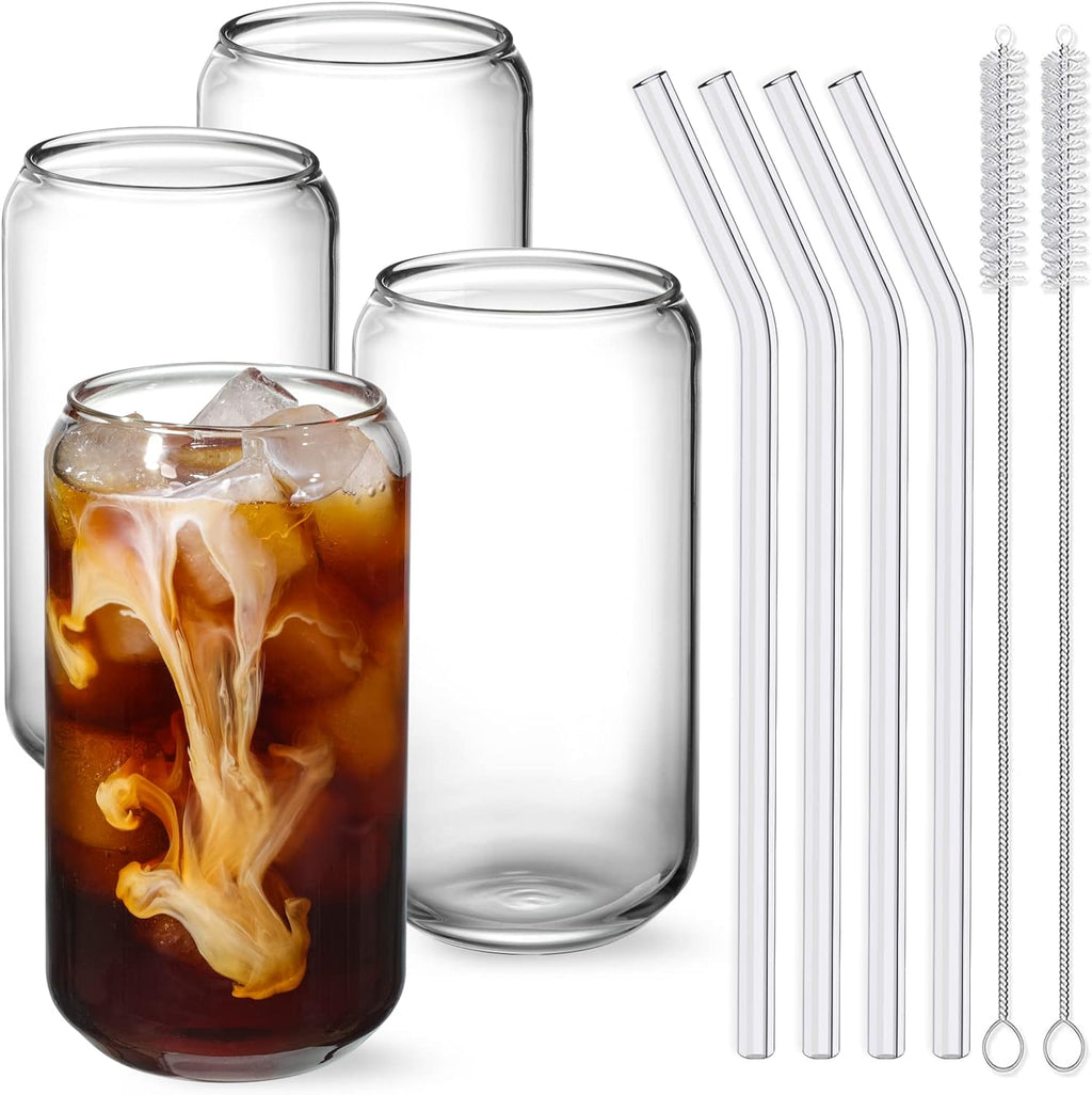 NETANY Drinking Glasses with Glass Straw 4pcs Set - 16oz Highball Glass Cups  Beer Glasses  Iced Coffee Glasses  Cute Tumbler Cup  Ideal for Whiskey  Soda  Tea  Water  Gift  2 Brushes