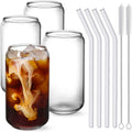 NETANY Drinking Glasses with Glass Straw 4pcs Set - 16oz Highball Glass Cups  Beer Glasses  Iced Coffee Glasses  Cute Tumbler Cup  Ideal for Whiskey  Soda  Tea  Water  Gift  2 Brushes