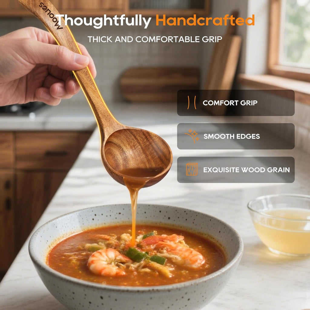 Wooden Ladle for Soup  3 Size Teak Wood Ladle Spoon with Back Hooks  Heat Resistant Wooden Spoons for Cooking  Non-Stick  Comfortable Grip  Wood Kitchen Utensils Set for Serving  Stirring
