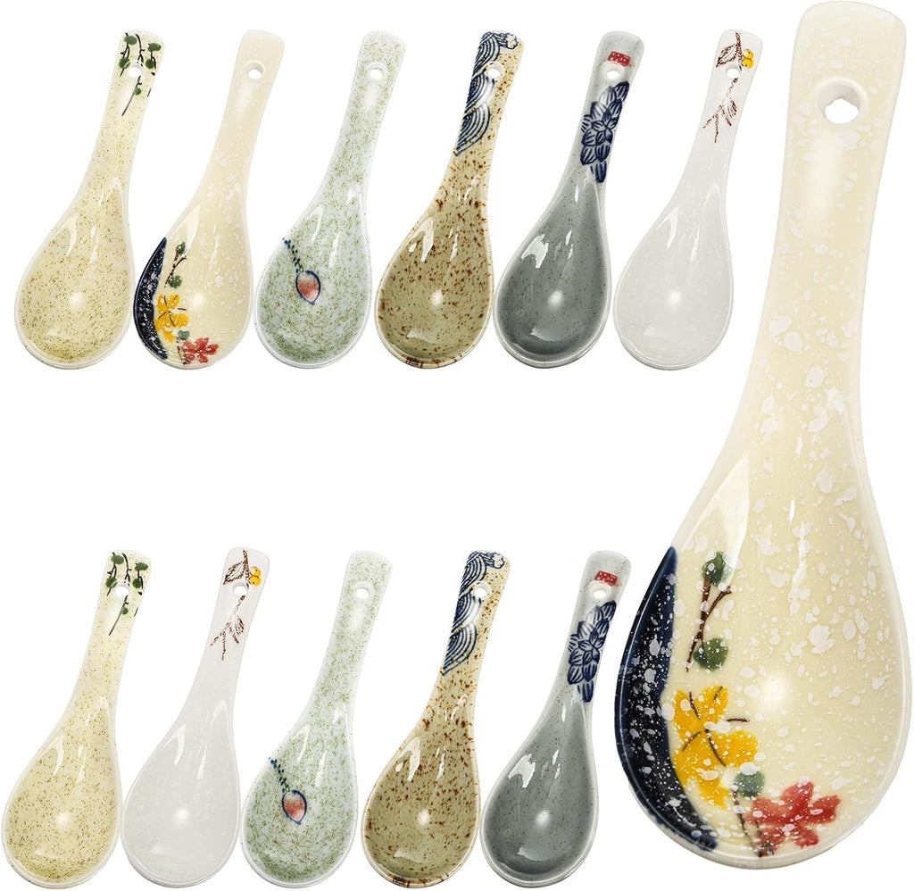 Set of 12 Asian Soup Spoons Ceramic  Retro Japanese Soup Spoons  Delicate Chinese Serving Spoon  Porcelain Ramen Spoon for Pho Miso Noodles Dessert Wonton Dumpling  Dishwasher Safe  5.5''L