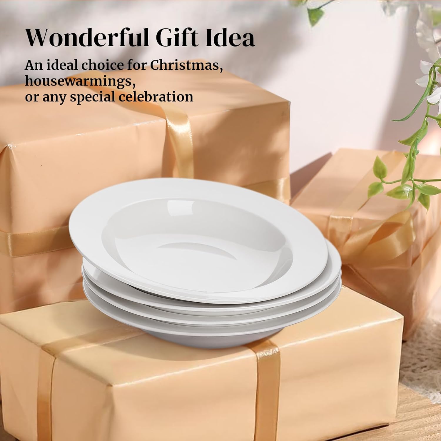 DOWAN Soup and Pasta Bowls Set of 4  White Porcelain Wide Rim Salad Plates  20 Ounces  Microwave & Dishwasher Safe