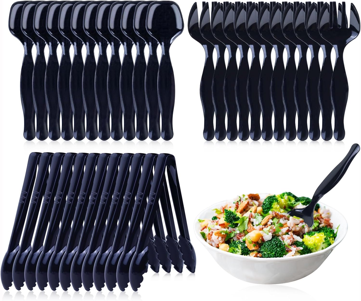 36Pcs Black Plastic Serving Utensils Disposable Serving Spoons Forks Tongs for Party Utensils Supplies for Dinner Parties Buffets Salad Noodles Soup and Weddings (Black)