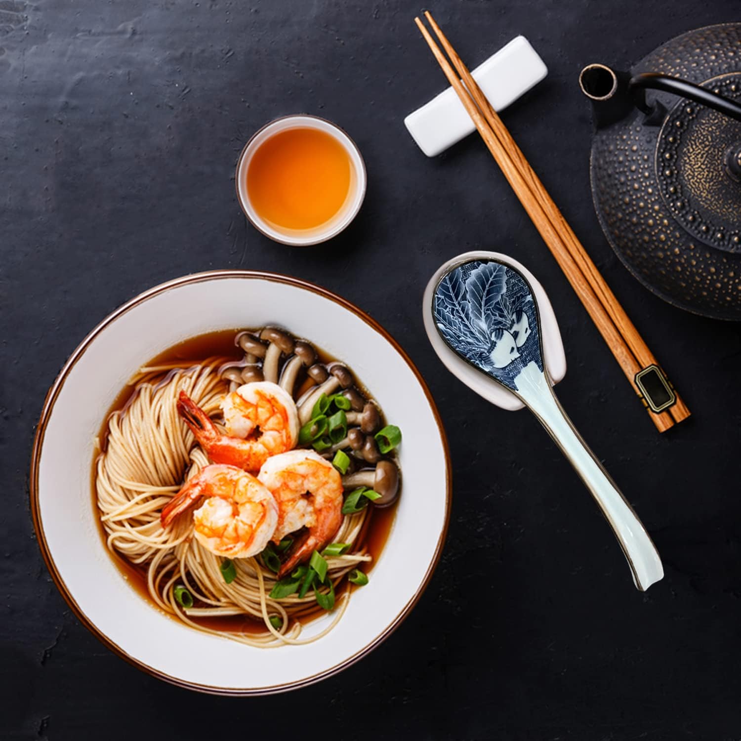 Asian Ceramic Soup Spoon  with Long Handle Easy to Hold  Non-slip Bottom  for Japanese Ramen  Chinese and Vietnamese Wonton  Noodle Soup Spoons (V86)