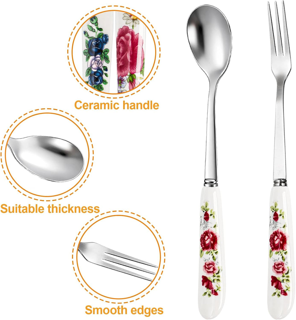 Nicunom 20 Pcs Dessert Forks and Spoons Silverware Set  Stainless Steel Mini Fork Spoon with Ceramic Handle  Floral Design Tea Coffee Spoon Cake Fruit Fork for Dessert  Appetizers  Salad