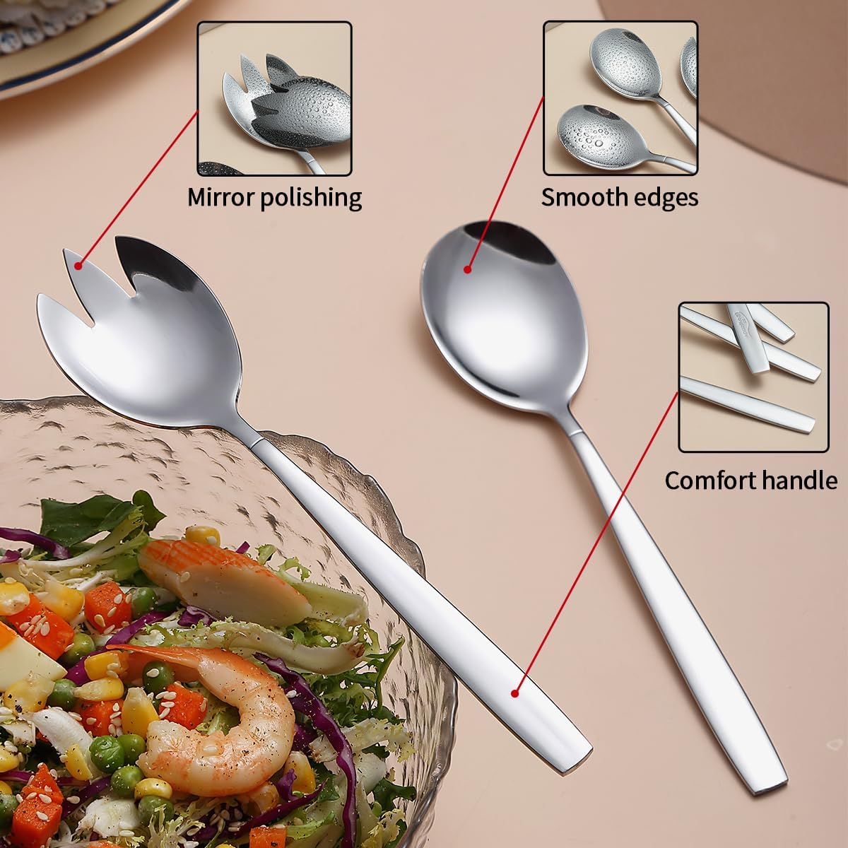 Evanda 4-Piece Salad Server Set  Stainless Steel Serving Set  Spoon  Servers  Fork  Dishwasher Safe