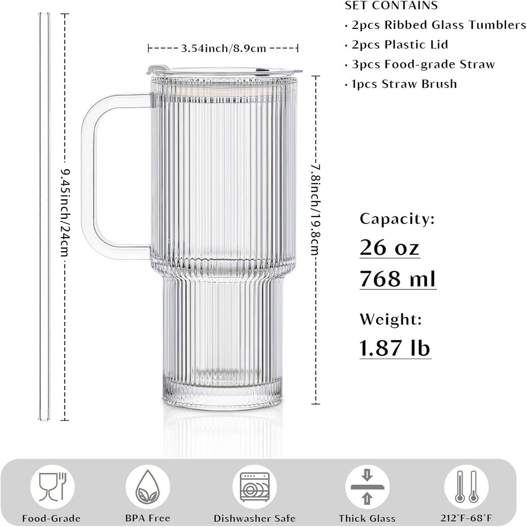 INSETLAN 26oz Ribbed Glass Tumbler with Handle & Lid – 2-Pack Large Iced Coffee Cups with Straws  Modern Glass Mug for Cold & Hot Beverages  Aesthetic Travel Cup for Smoothies  Tea  and Juice