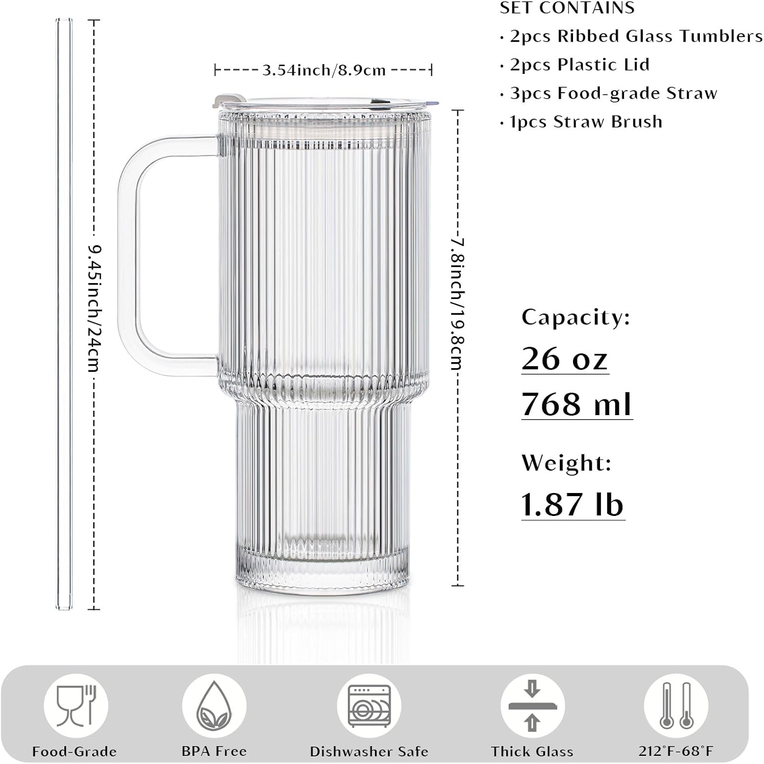 INSETLAN 26oz Ribbed Glass Tumbler with Handle & Lid – 2-Pack Large Iced Coffee Cups with Straws  Modern Glass Mug for Cold & Hot Beverages  Aesthetic Travel Cup for Smoothies  Tea  and Juice