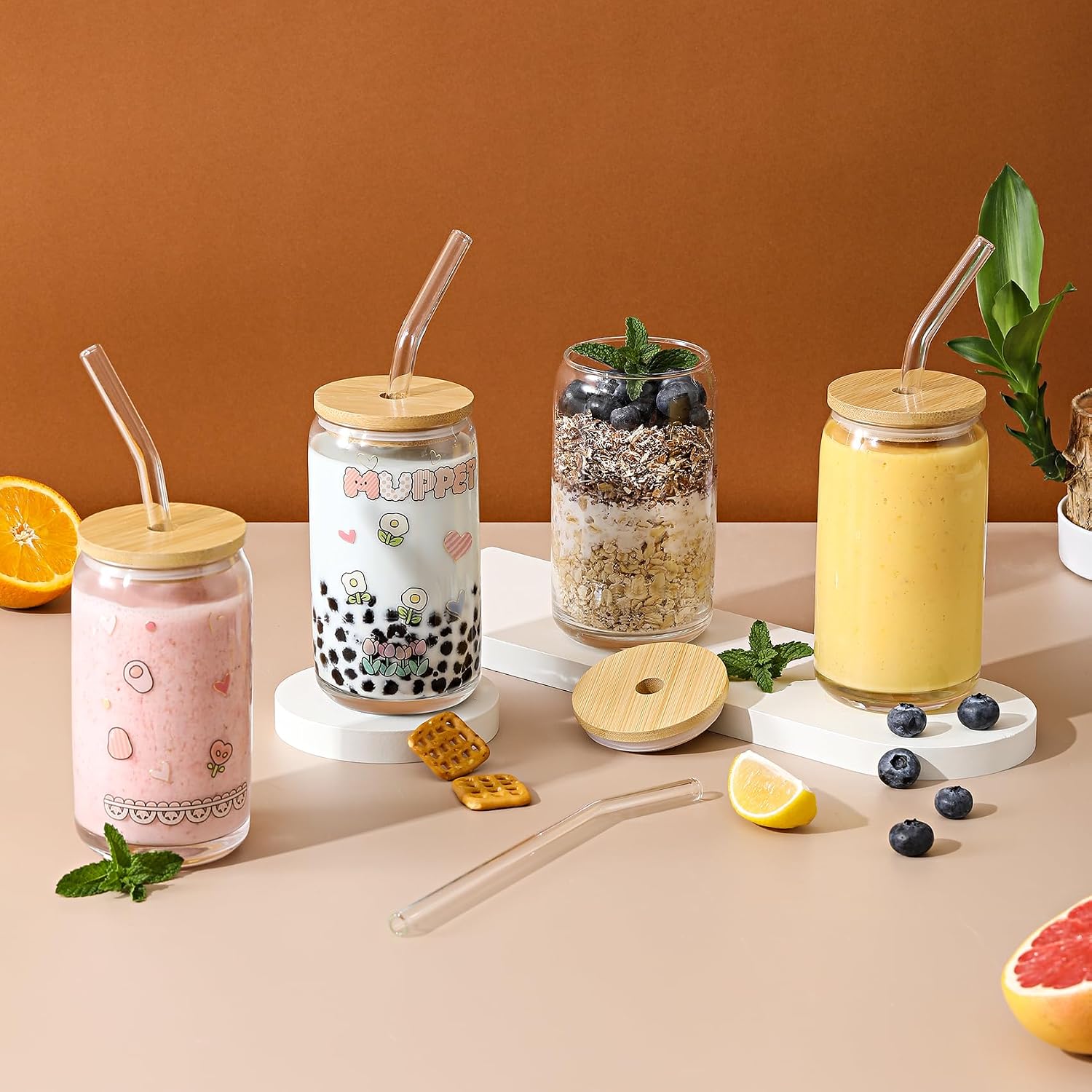 [ 12pcs Set ] Glass Cups with Bamboo Lids and Glass Straw - Beer Shaped Drinking Glasses  16 oz Iced Coffee Glasses  Cute Tumbler Cup for Smoothie  Boba Tea  Whiskey  Water - 4 Cleaning Brushes