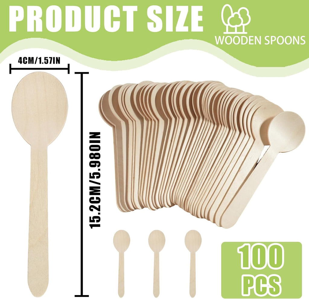 Disposable Wooden Spoons Wood Soup Spoons  6" Wooden Cutlery Spoon 100 Count Disposable Spoons Compostable Utensils for Hot Soup Milk Shake Salad
