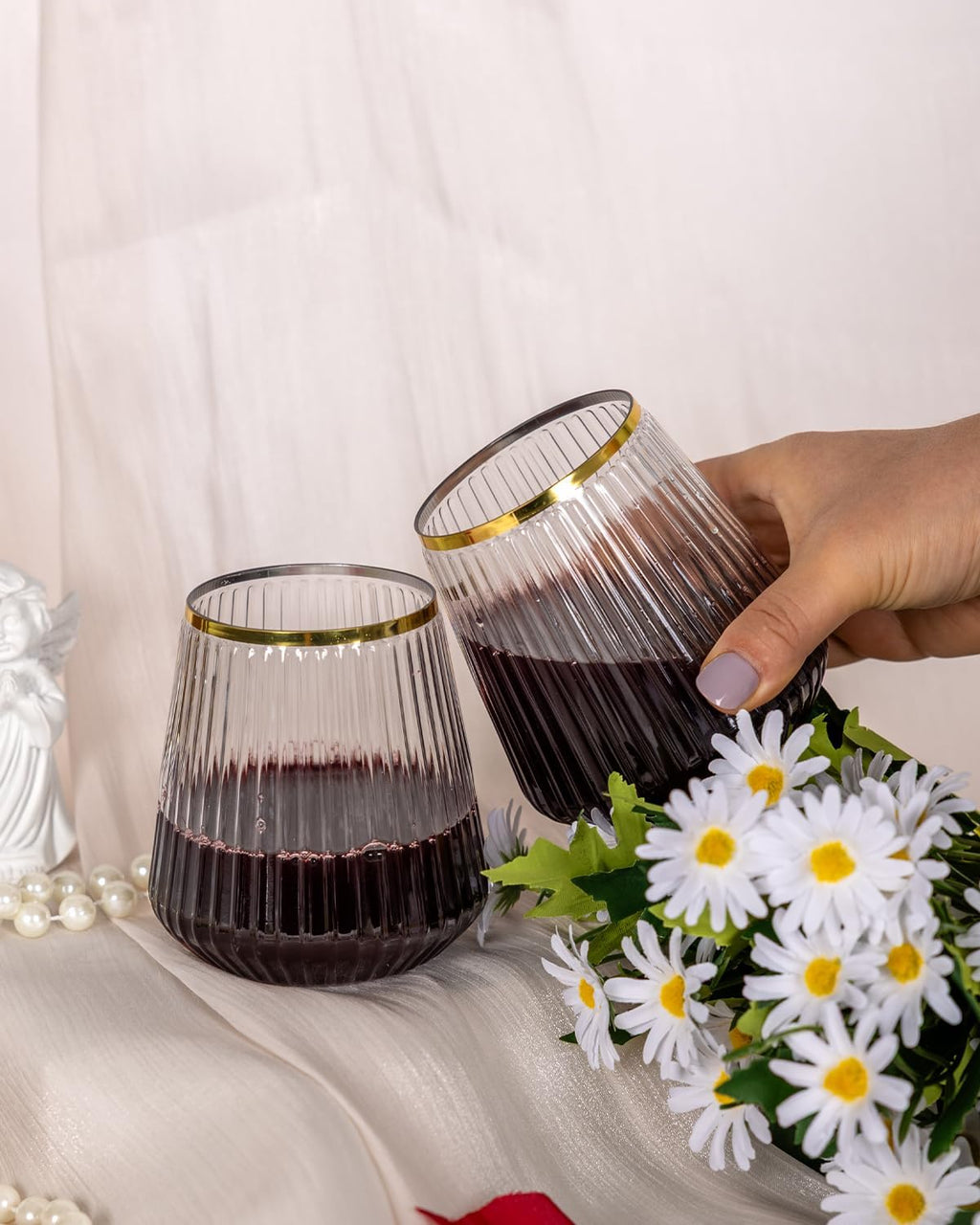Goodluck 36 Pack 12oz Stemless Plastic Wine Glasses – Clear Ribbed Cups with Gold Rim  Fancy Reusable Disposable Drinkware for Weddings  Parties  Bars  Indoor and Outdoor Events