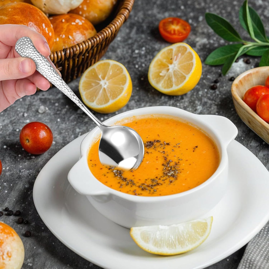 Hammered Spoons  4 Pcs Stainless Steel Soup Spoons Set Teaspoons Fine Dessert Spoon with Round Edge Table Dinner Spoon  Mirror Polished  Elegant Design  Dishwasher Safe (6.4 Inches)