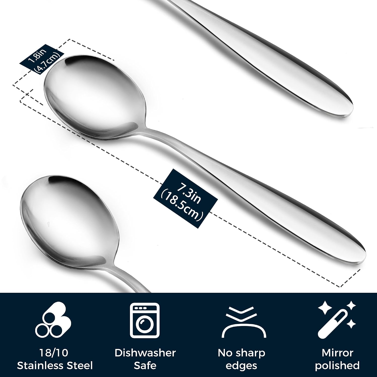 18/10 Stainless Steel Soup Spoons  7.3-in Deep Heavy Weight Round Soup Thick Spoons  Suitable for Cereal Bouillon Milk Soup Hot Chocolate Dinner Guest  Pack of 4