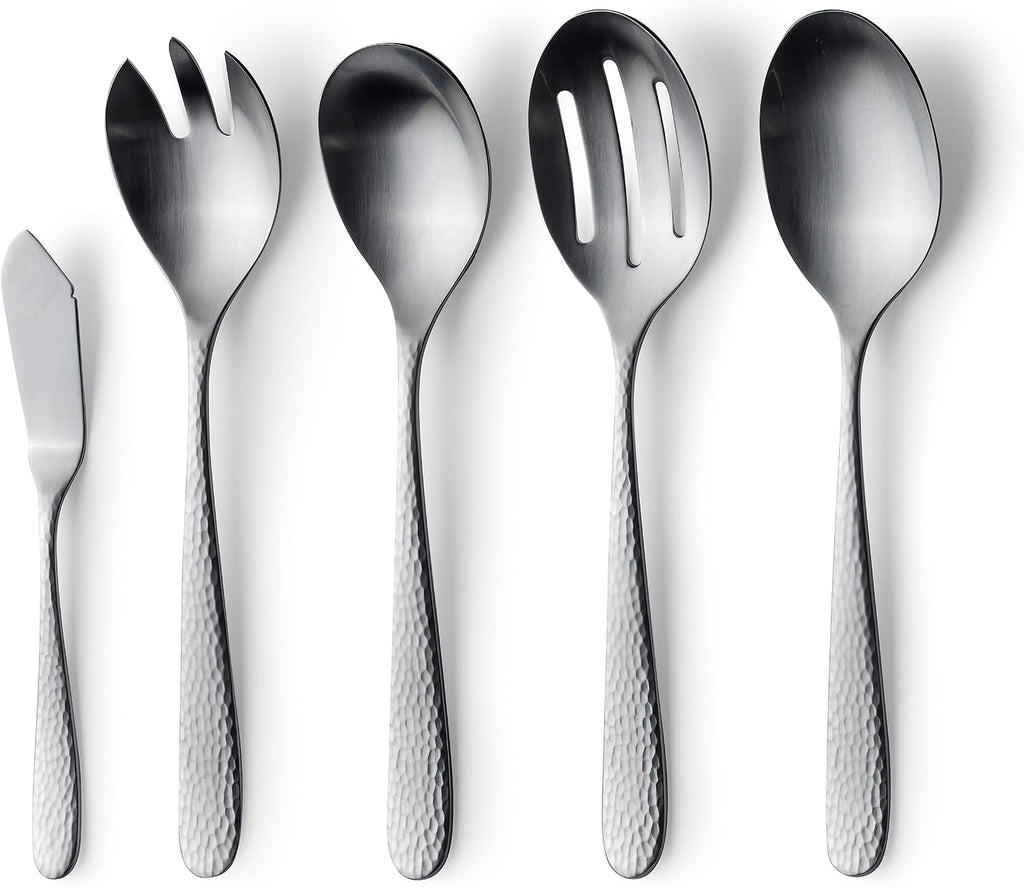 Matte Silverware Set  18/10 Stainless Steel Satin Flatware  Modern Brushed Finish Cutlery  Dishwasher Safe & Durable  Built to Last (10-Piece Serving Set  Fidenza Hammered)