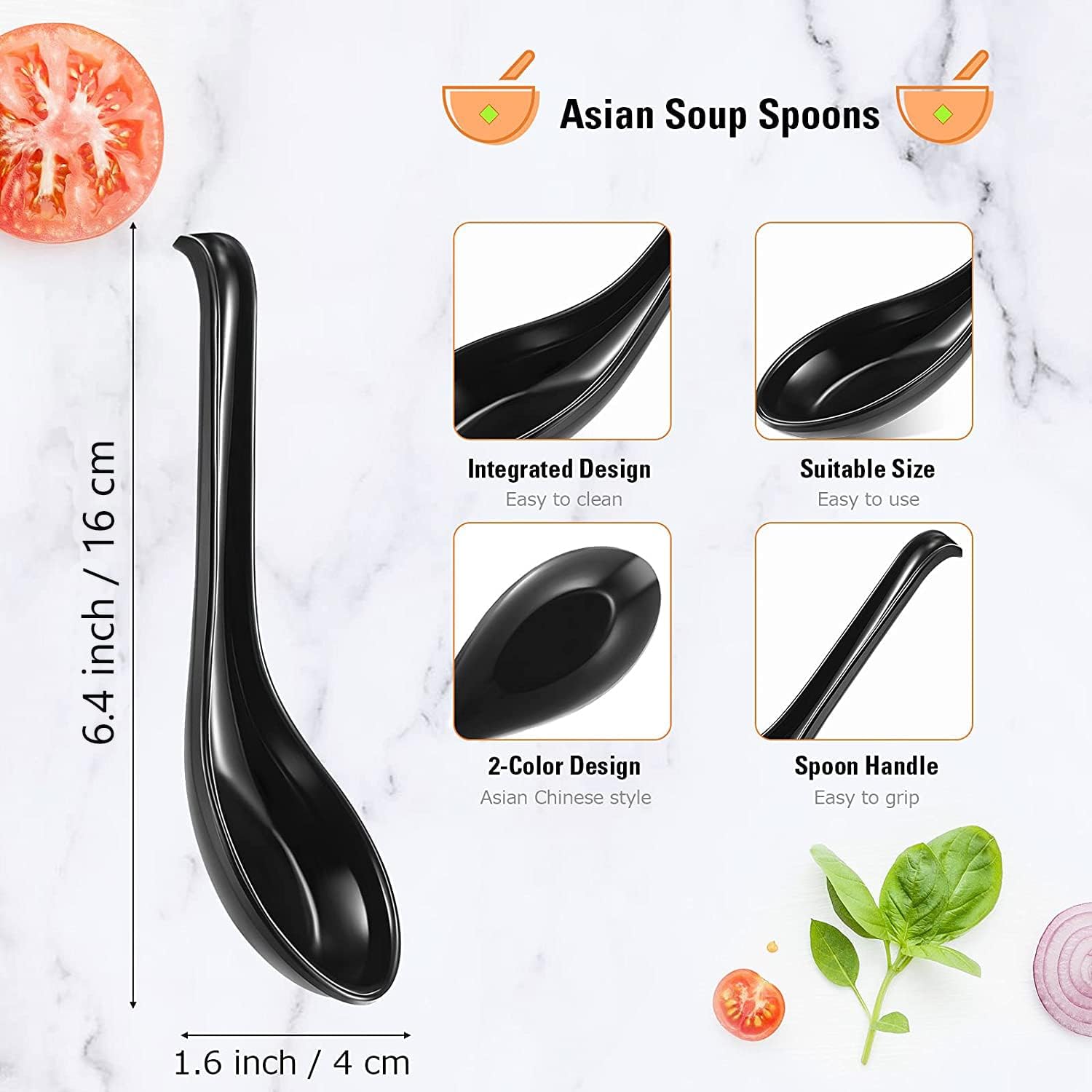 Comicfs Asian Soup Spoons 12 pieces  Large Japanese Soup Spoons  Soba Rice Pho Ramen Noodle Soup Spoon  Chinese Won Ton Soup Spoon  Hook Style (Black)