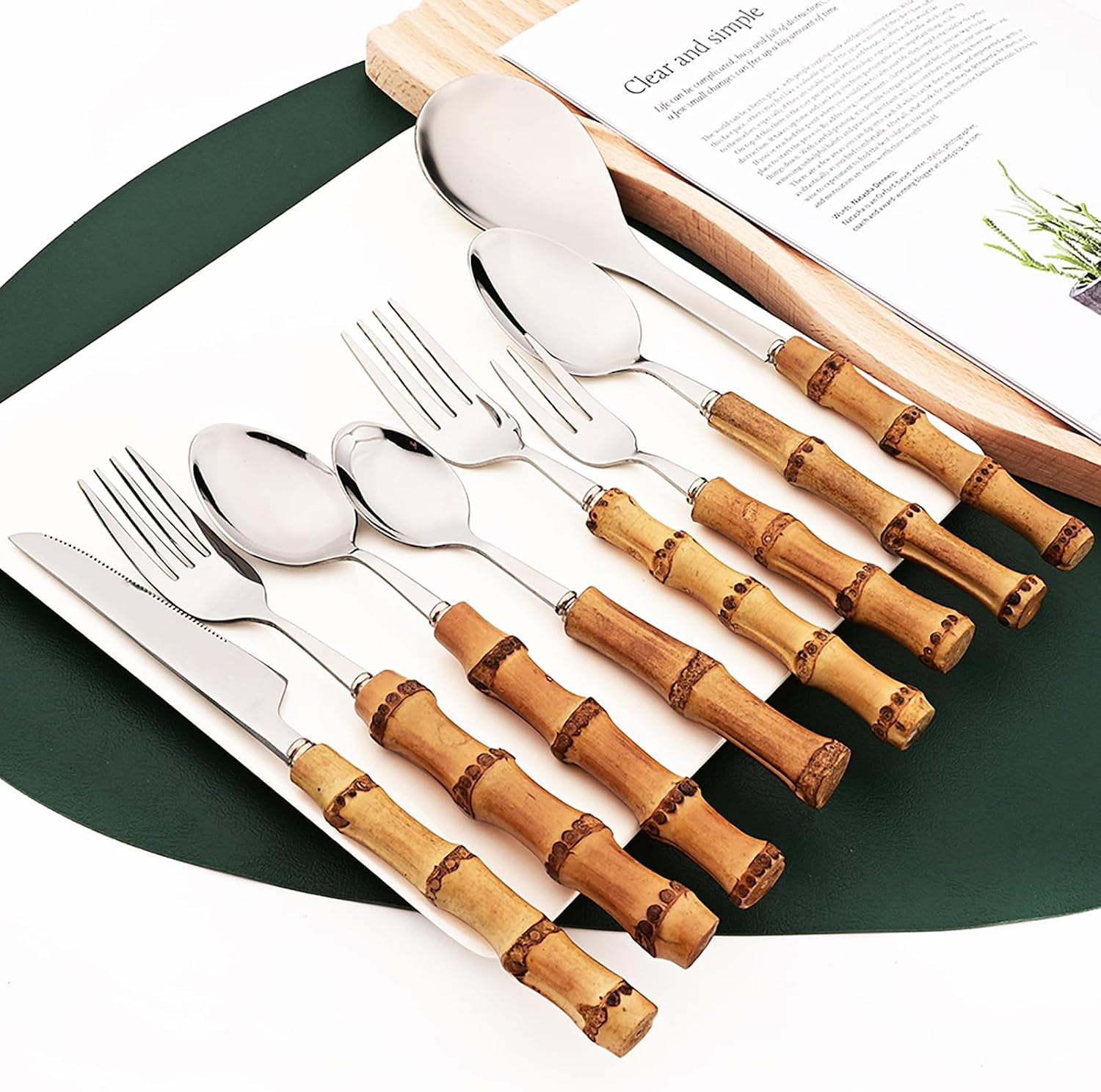 8pcs Natural Bamboo Salad Fork Set  Dessert Fork For Home Wedding Party Or Restaurant Daily Use  304 Stainless Steel  7.87-inch (Silver)