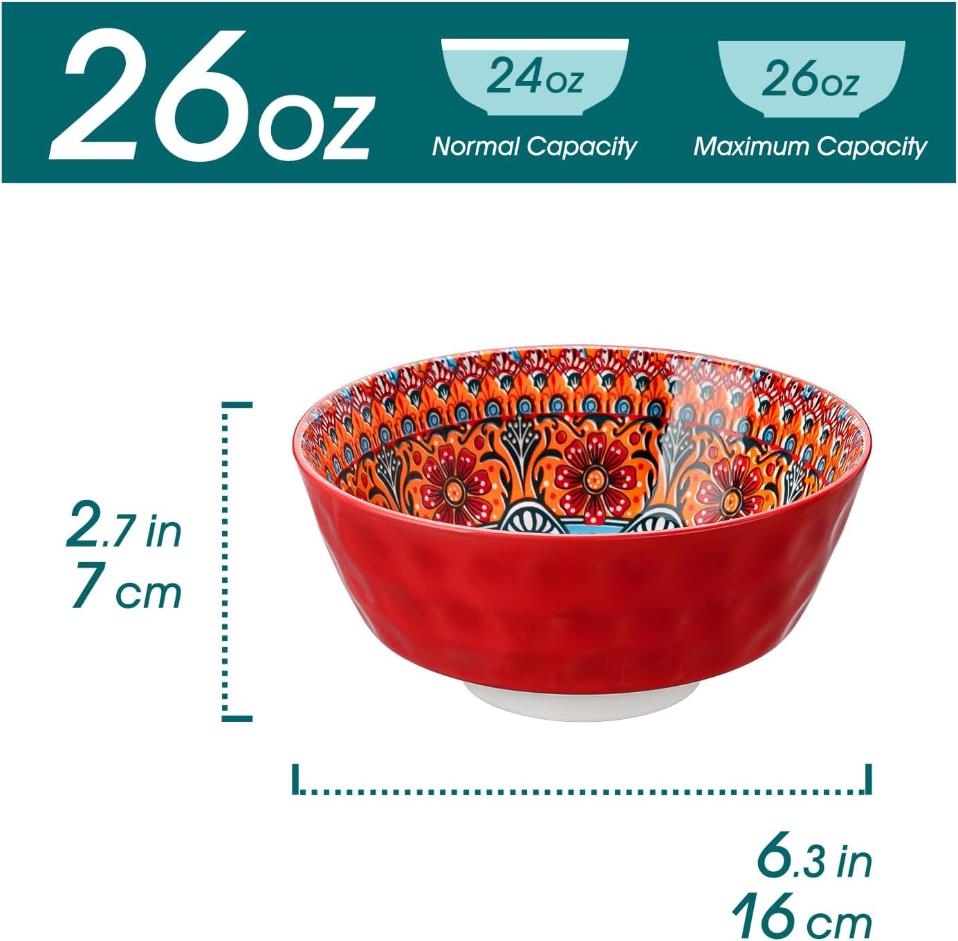 vancasso 26oz Cereal Bowls Set of 6  Boho Ceramic Soup Bowls with Colorful Bohemian Pattern  Microwave & Dishwasher Safe Serving Bowls for Salad  Oatmeal  Pasta  KRVI Series