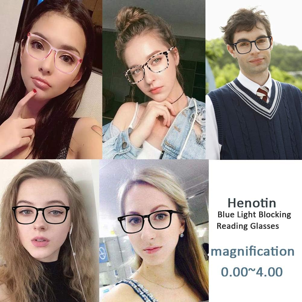 Henotin 4-Pack Blue Light Blocking Reading Glasses Women Men Spring Hinge Computer Readers Anti UV Ray Square Nerd Eyeglasses (Mixed Color  0.00  Diopters)