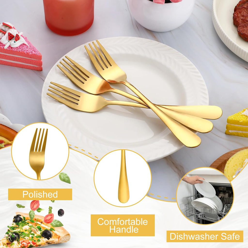 50Pcs Gold Stainless Steel Dinner Forks 8 Inch  Cutlery Forks  Metal Forks for Home  Restaurant  Kitchen  Dishwasher Safe Suitable for Salad  Dessert  Beef Steak  Spaghetti  Mirror Polished