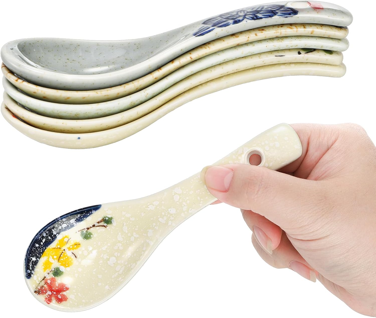 Set of 12 Asian Soup Spoons Ceramic  Retro Japanese Soup Spoons  Delicate Chinese Serving Spoon  Porcelain Ramen Spoon for Pho Miso Noodles Dessert Wonton Dumpling  Dishwasher Safe  5.5''L