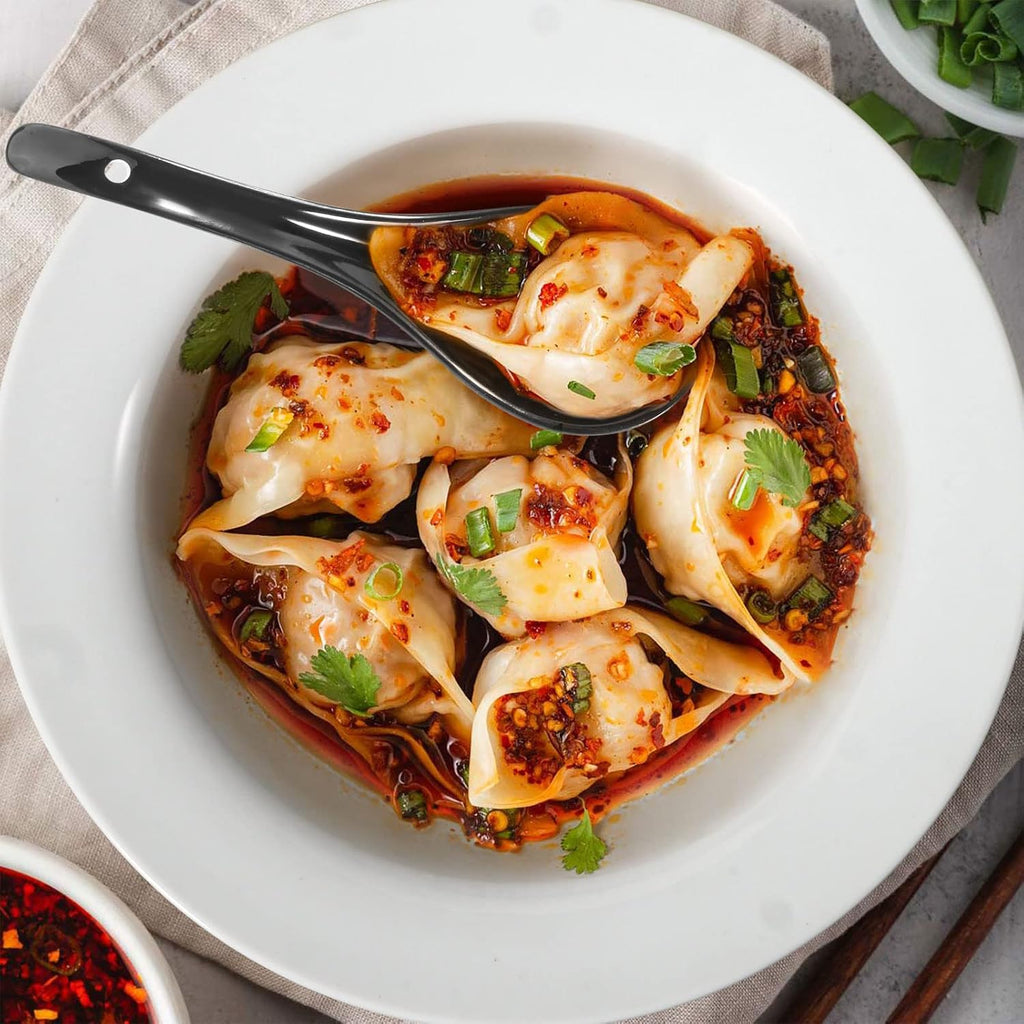 Black Ceramic Soup Spoons Set  6.75 inch Deep Oval Hook Design  Dishwasher Safe - Perfect for Ramen  Pho  Noodles  Stews  Wonton  Dumpling  Miso