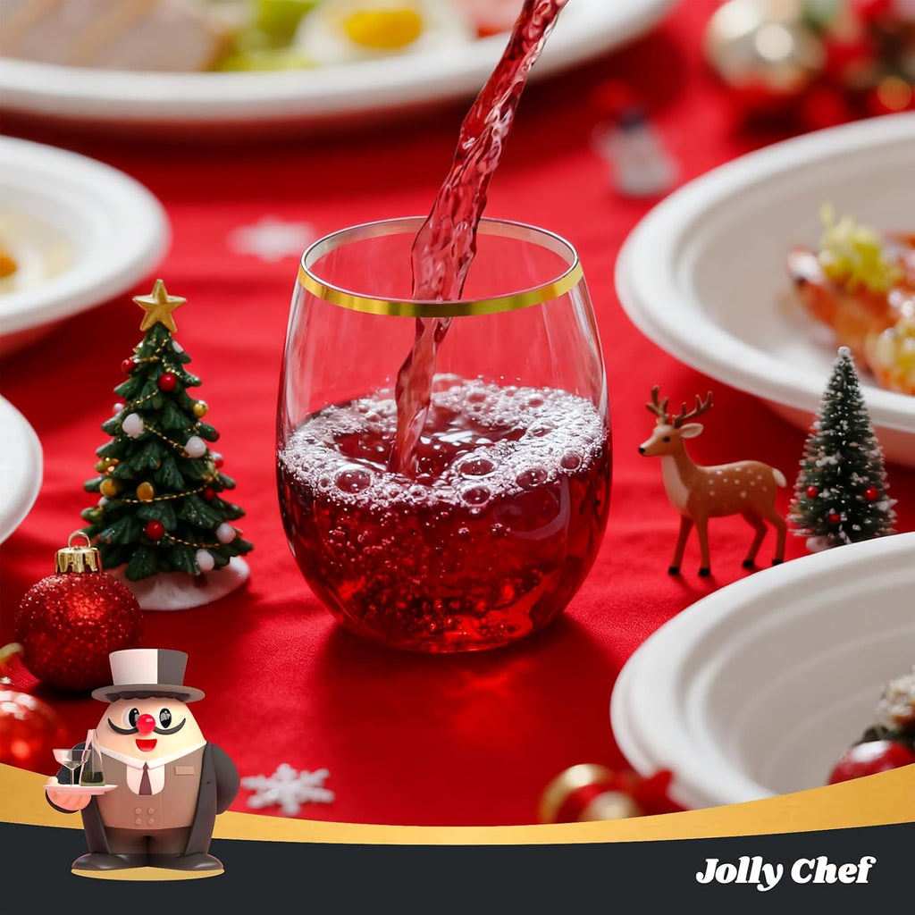JOLLY CHEF 12 oz 40 Pack Gold Plastic Wine Glasses Stemless  Shatterproof  Unbreakable  Crystal  Disposable Plastic Wine Cups for Party  Halloween  Christmas  Thanksgiving
