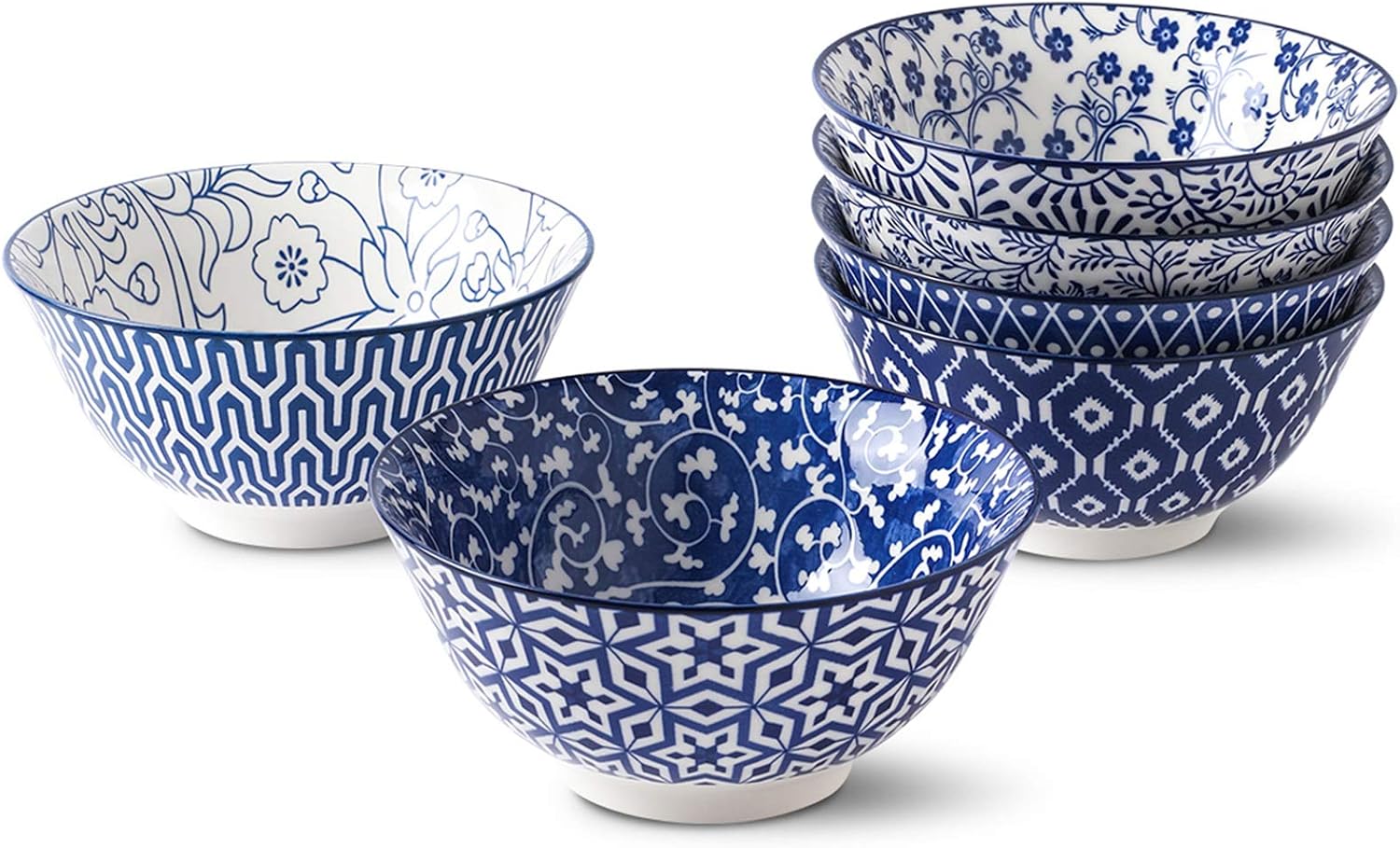 Selamica Blue and White Porcelain 20oz Cereal Bowl Set - Set of 6  6 inch Soup Bowls  Ceramic bowls for Cereal  Soup  Salad and Pasta  Vintage Blue