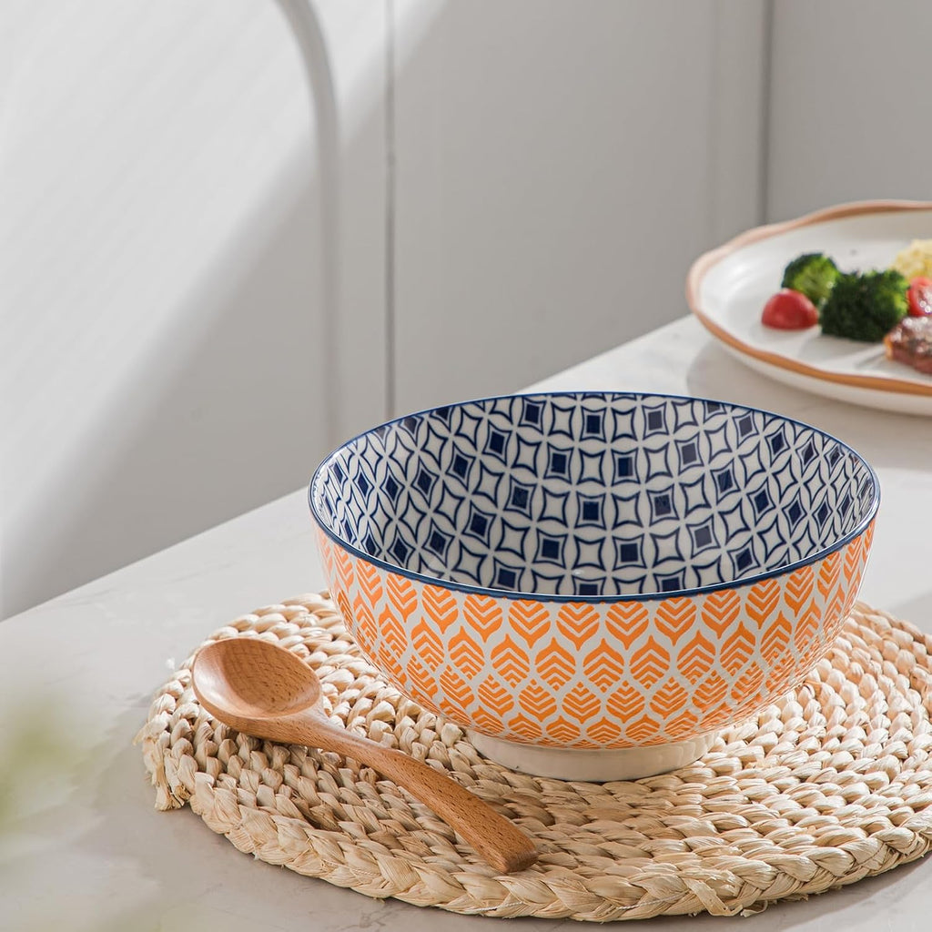 Large Serving Bowls - 60 oz Ceramic Salad Bowl - 8 Inch Serving Bowl Set - Big Soup Bowl For Kitchen - Microwave & Dishwashers Safe - Pho Fruit Pasta Popcorn Bowl - Set of 3
