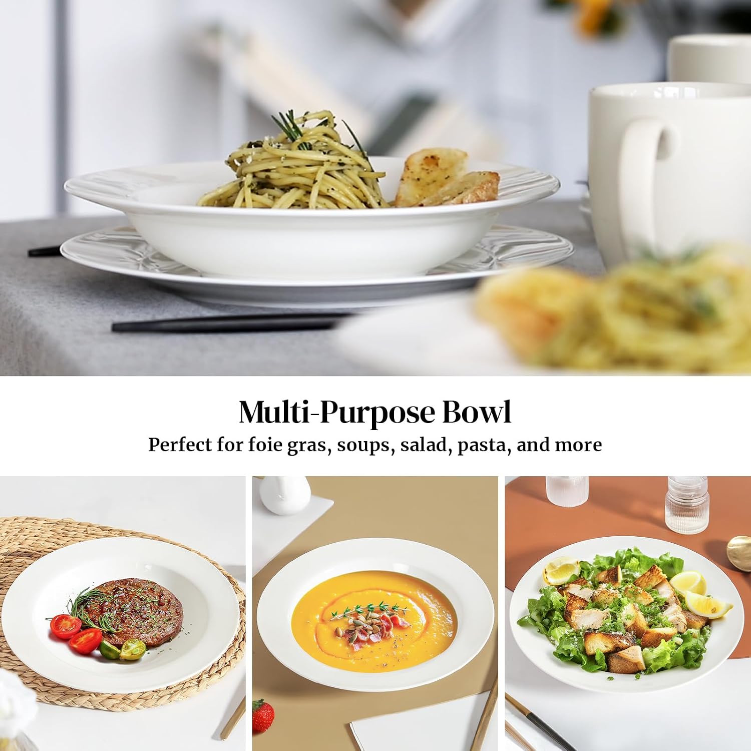 DOWAN Soup and Pasta Bowls Set of 4  White Porcelain Wide Rim Salad Plates  20 Ounces  Microwave & Dishwasher Safe