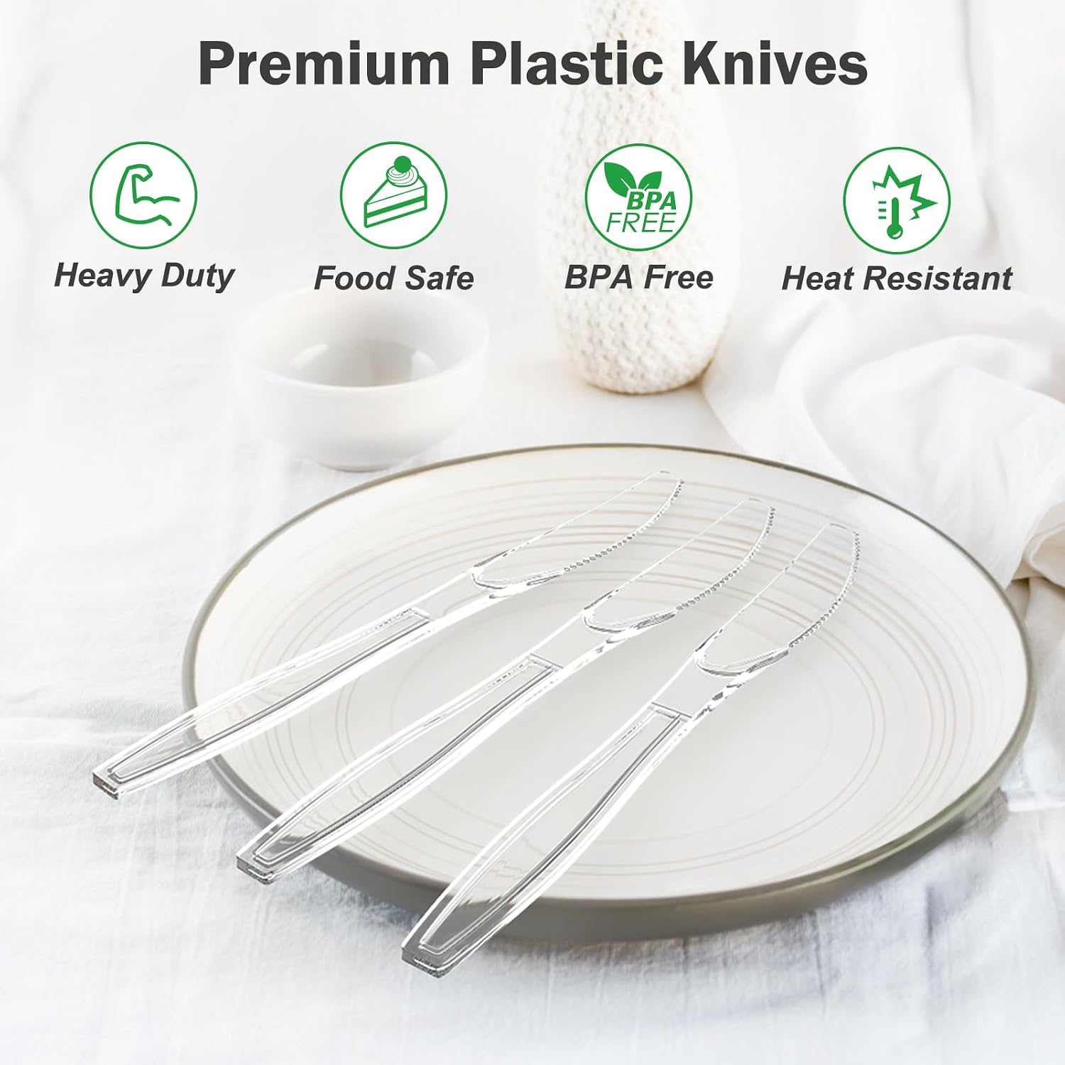 300 Count Extra Heavy Duty Clear Plastic Knives Disposable  BPA-Free  Heat Resistant  Solid and Durable Disposable Knives Bulk  Premium Plastic Knives heavy duty for Party Supply