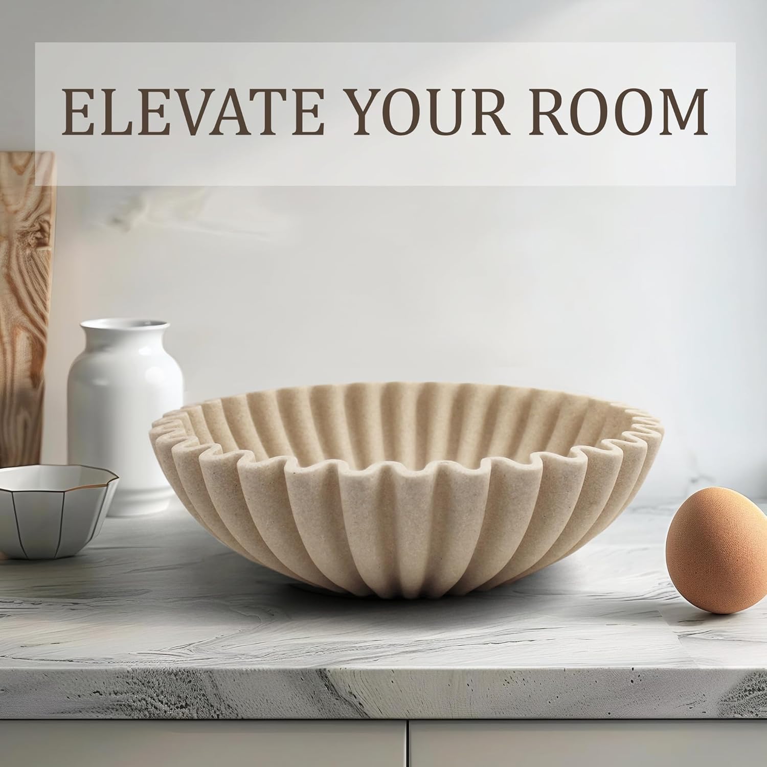 Ruffle Decorative Bowl  Large Fruit Bowl for Kitchen Counter  Stylish Key Bowl for Entry Table  Handcrafted Home Decor Display bowl  Artificial Stone Beige