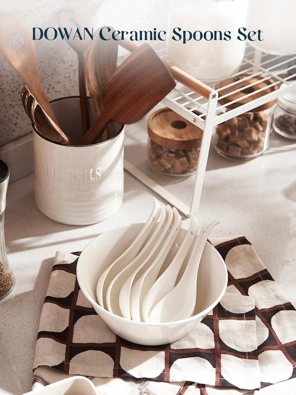DOWAN Soup Spoons  Ceramic Asian Soup Spoons  White Japanese Spoon Large for Ramen Pho Wonton Dumpling Miso  Deep Oval Hook Design  Set of 4 (4  Soft white)