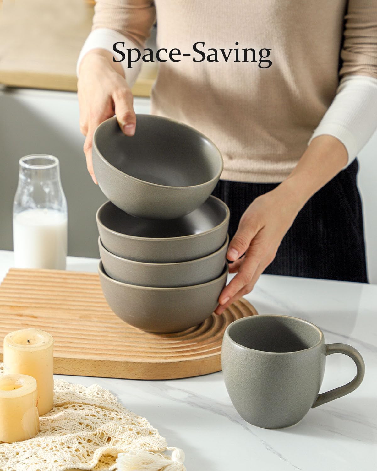 Cereal Bowls Set of 4  24 oz Ceramic Bowls for Kitchen  Stoneware Soup Bowls for Salad  Ramen  Snack  Dessert  Unique Housewarming Gift  Dishwasher Microwave Safe  Matte Gray