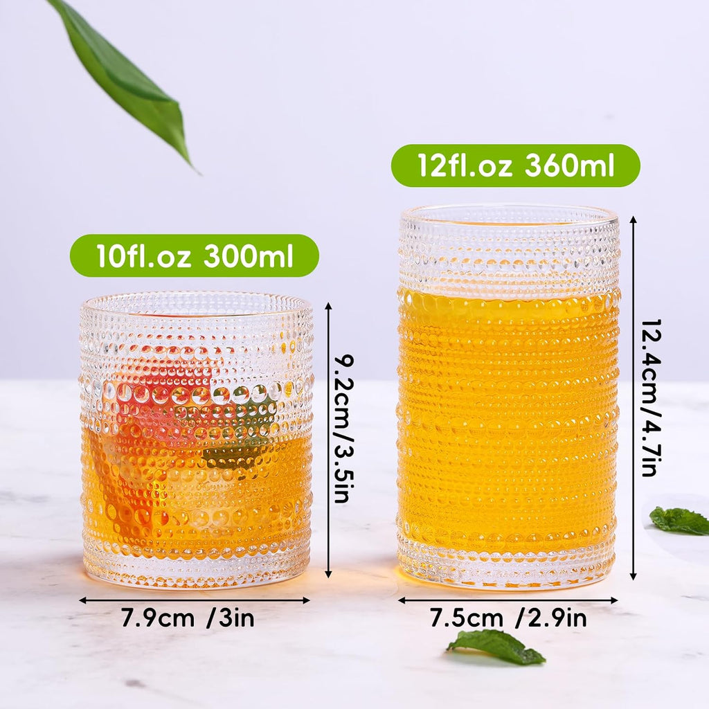 Moretoes Hobnail Drinking Glasses Set of 12  12 Oz Highball Glasses & 10 Oz Cocktail Glasses  Clear Embossed Boho Glass Cups Kitchen Bar Tumbler Glassware Set for Whiskey  Beer  Juice  Milk