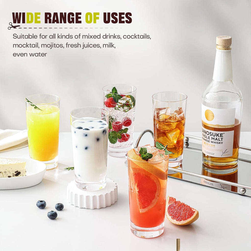 Highball Glasses Set of 6  13oz Tall Drinking Glasses  Water Glass for Kitchen  Tom Collins Glasses  Mojito Glass Cups  Cocktail Glasses for Bar Glassware