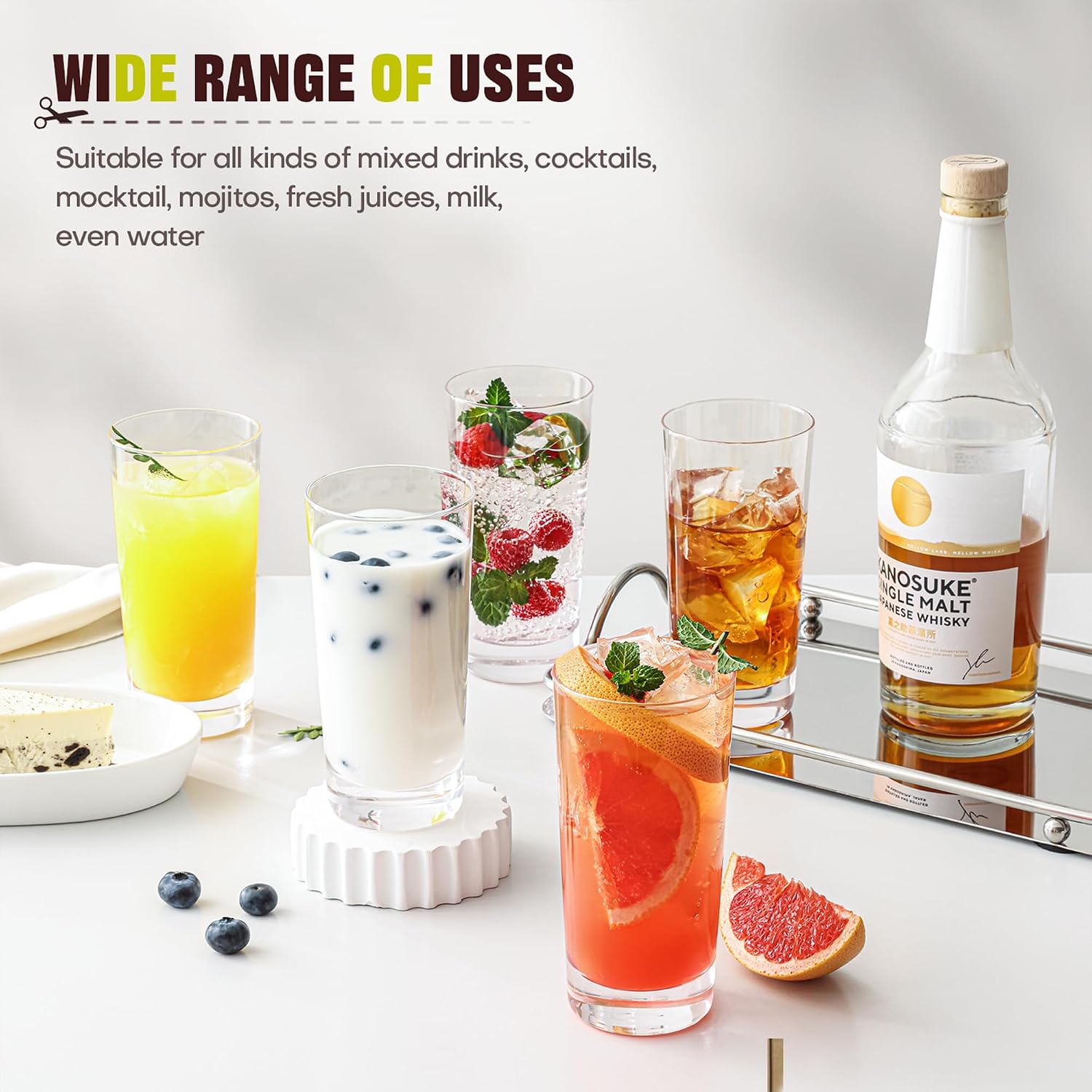 Highball Glasses Set of 6  13oz Tall Drinking Glasses  Water Glass for Kitchen  Tom Collins Glasses  Mojito Glass Cups  Cocktail Glasses for Bar Glassware