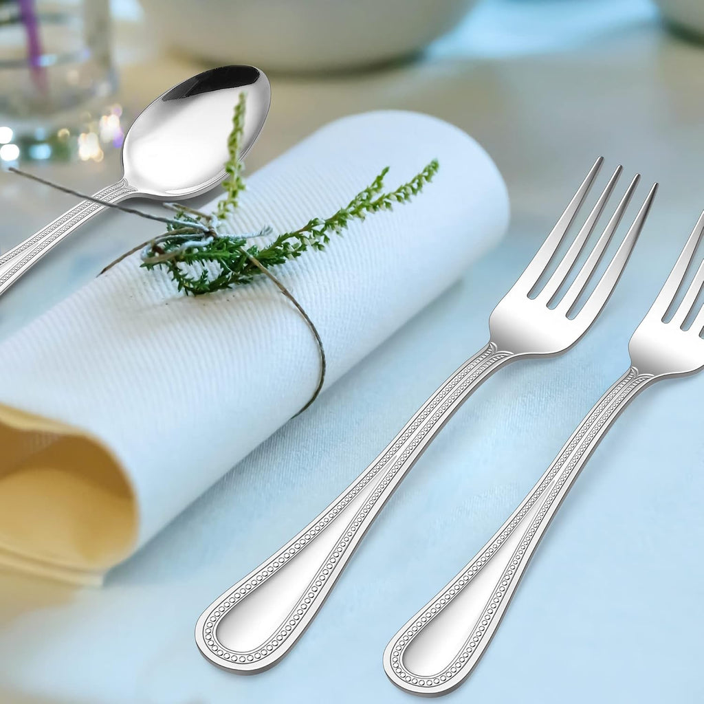 E-far Salad Forks Set of 12  6.9 Inch Pearled Edge Dessert Forks Stainless Steel Suitable for Party  Home  Kitchen and Restaurant  Non-toxic & Mirror Polished  Dishwasher Safe